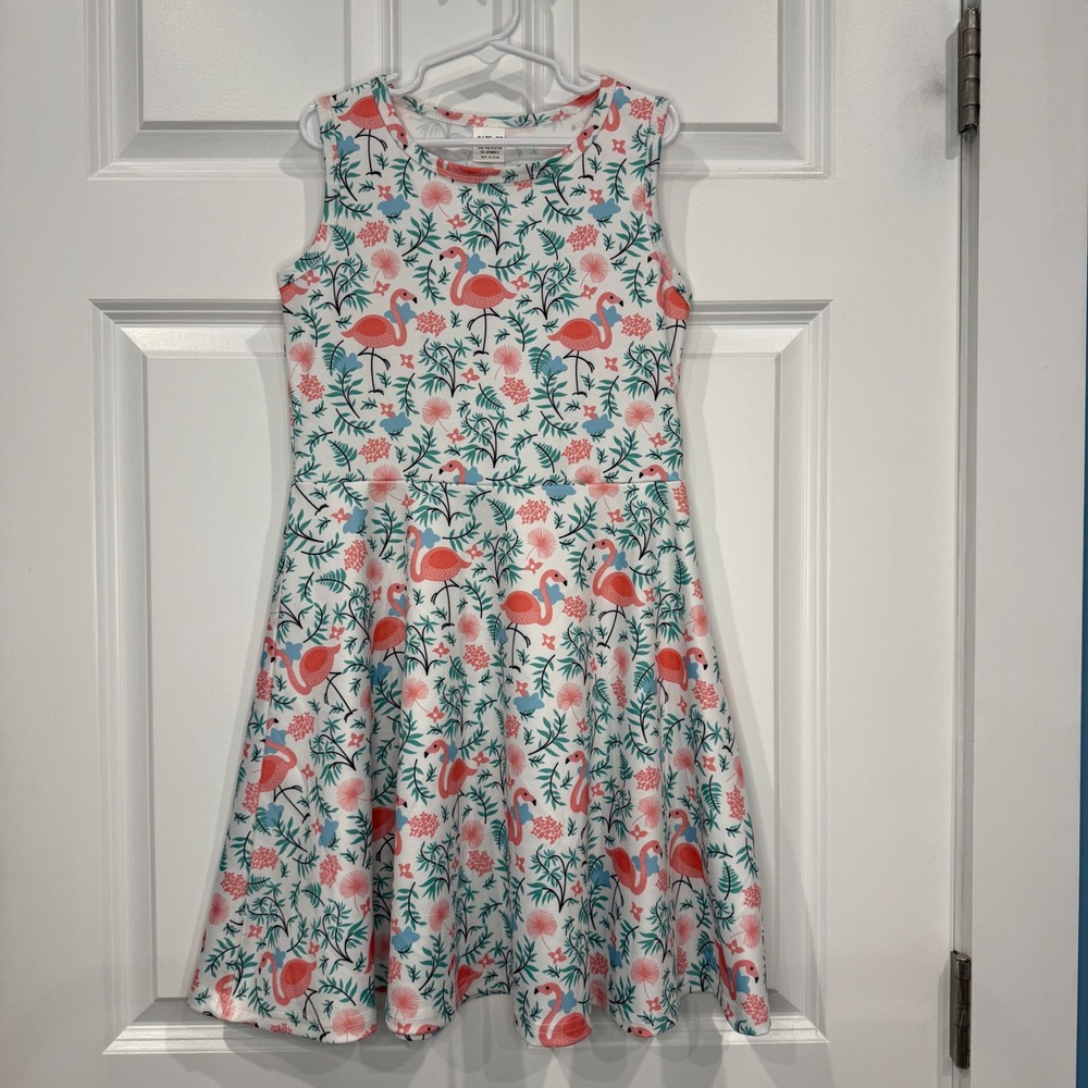 Girls Pink Flamingo Tropical Floral Skater Dress Sleeveless White Size 8T‎